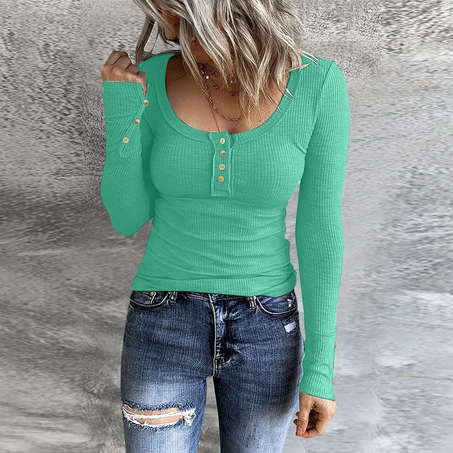 Womens Knit Sweater Fashion Solid Color Scoop Neck Button Up Slim Fit Long Sleeve Ribbed Tops Autumn Knitwear Shirts