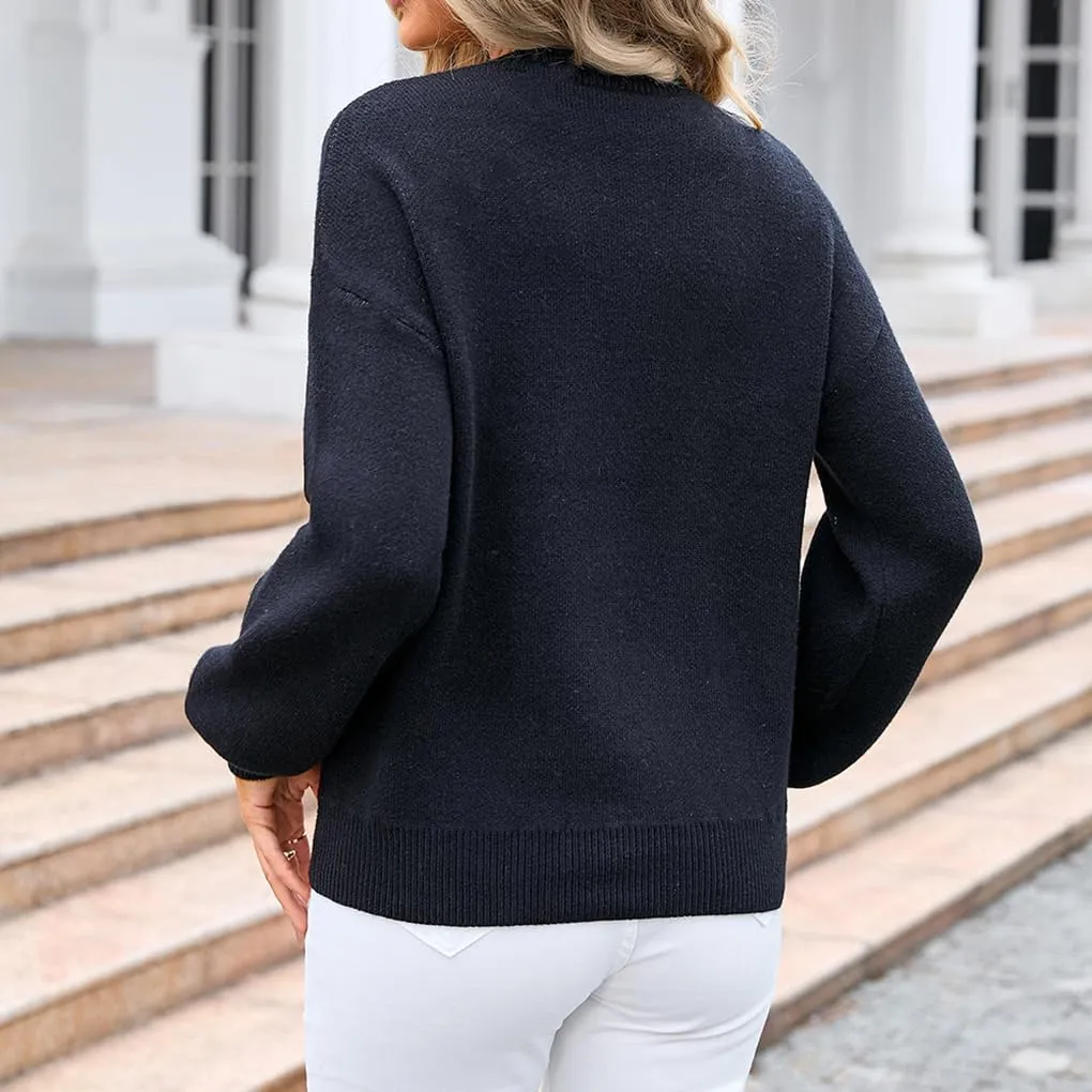 Womens Knitted Pullover Bow Sweater Long Sleeve Crewneck Y2k Casual Bow Top