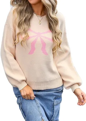 Womens Knitted Pullover Bow Sweater Long Sleeve Crewneck Y2k Casual Bow Top