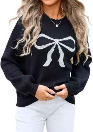 Womens Knitted Pullover Bow Sweater Long Sleeve Crewneck Y2k Casual Bow Top