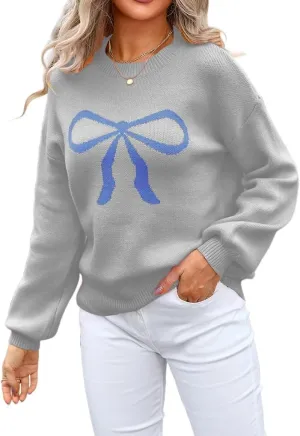 Womens Knitted Pullover Bow Sweater Long Sleeve Crewneck Y2k Casual Bow Top