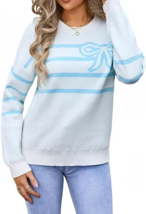 Womens Knitted Pullover Bow Sweater Long Sleeve Crewneck Y2k Casual Bow Top