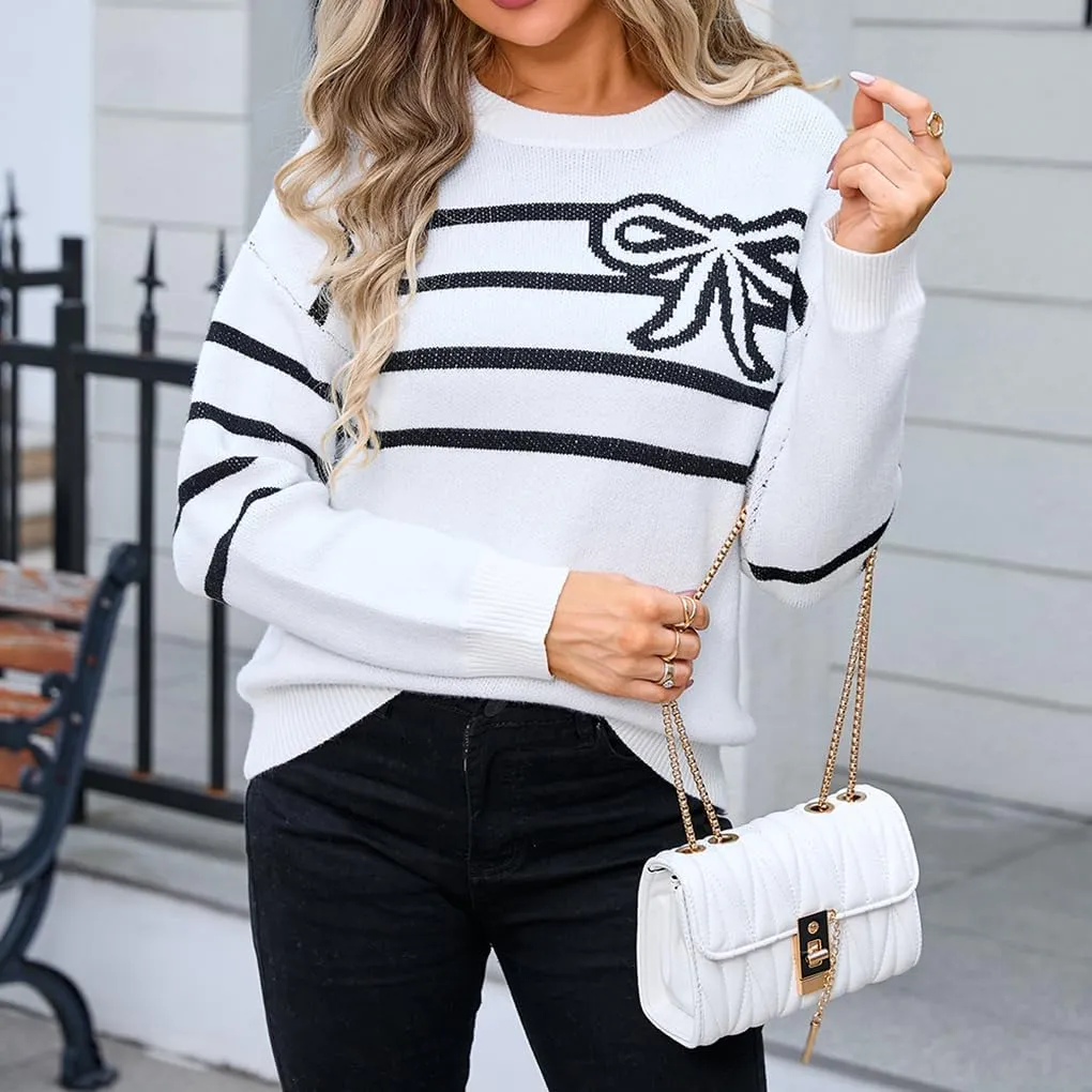 Womens Knitted Pullover Bow Sweater Long Sleeve Crewneck Y2k Casual Bow Top