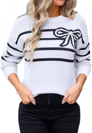 Womens Knitted Pullover Bow Sweater Long Sleeve Crewneck Y2k Casual Bow Top