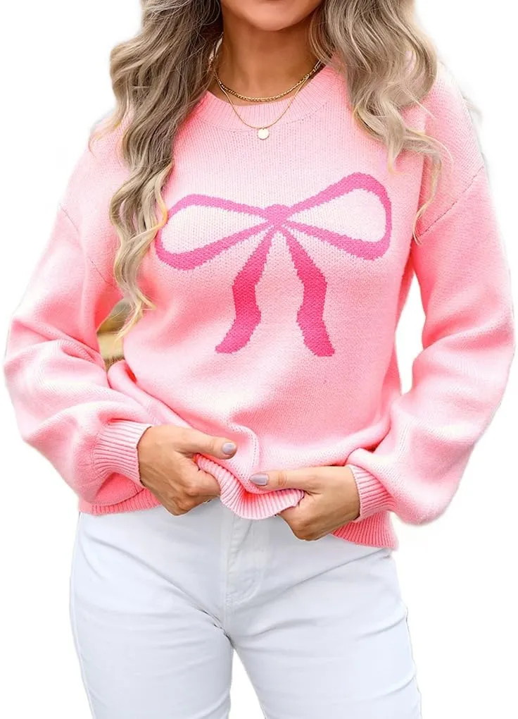 Womens Knitted Pullover Bow Sweater Long Sleeve Crewneck Y2k Casual Bow Top