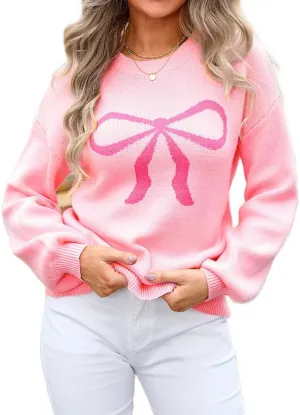 Womens Knitted Pullover Bow Sweater Long Sleeve Crewneck Y2k Casual Bow Top