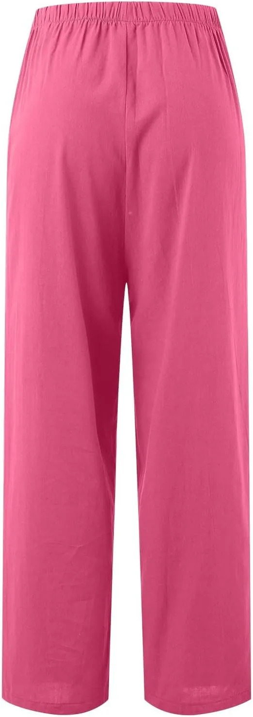 Women's Linen Blend Pants High Waisted Baggy Pants with Elastic Waist Relax Fit Lantern Trouser with Pockets