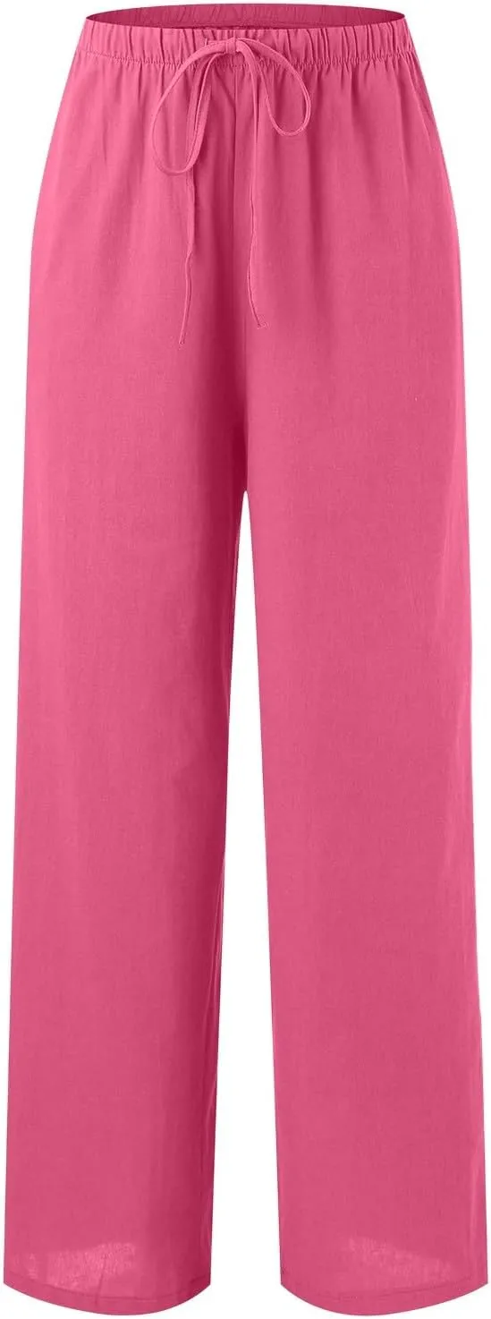 Women's Linen Blend Pants High Waisted Baggy Pants with Elastic Waist Relax Fit Lantern Trouser with Pockets