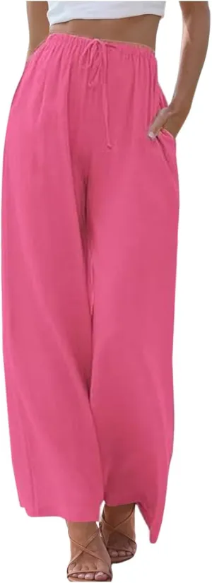 Women's Linen Blend Pants High Waisted Baggy Pants with Elastic Waist Relax Fit Lantern Trouser with Pockets