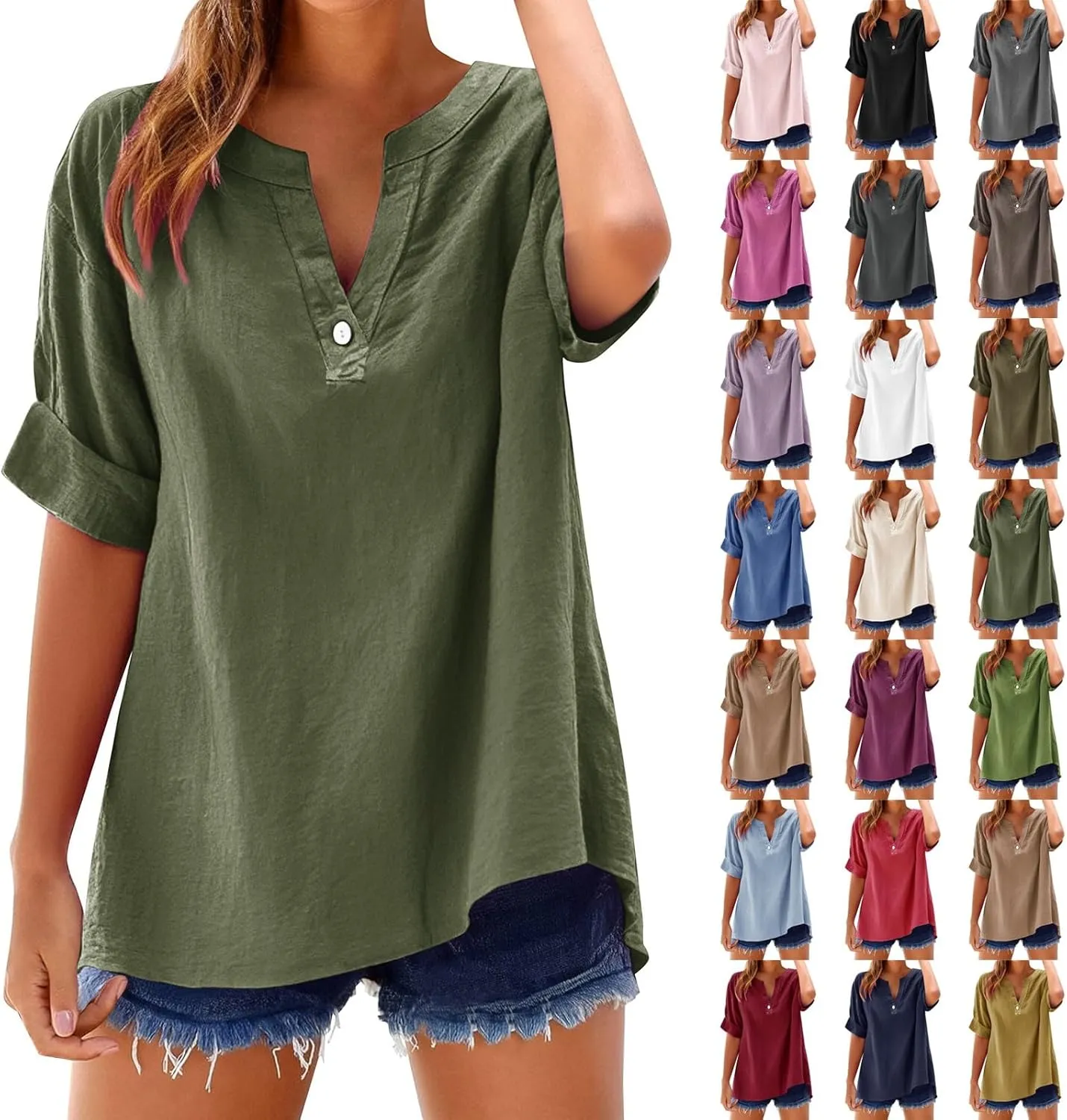 Womens Linen Button Down Shirts V Neck Short Sleeve Oversized Boyfriend Solid Tops Work Blouses Casual Dressy Tunics
