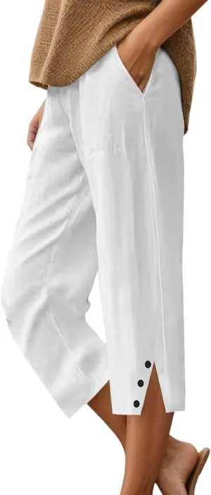 Womens Linen Pants Summer Lightweight Loose Casual Beach Pants Baggy Elastic Waisted Yoga Trousers with Pockets