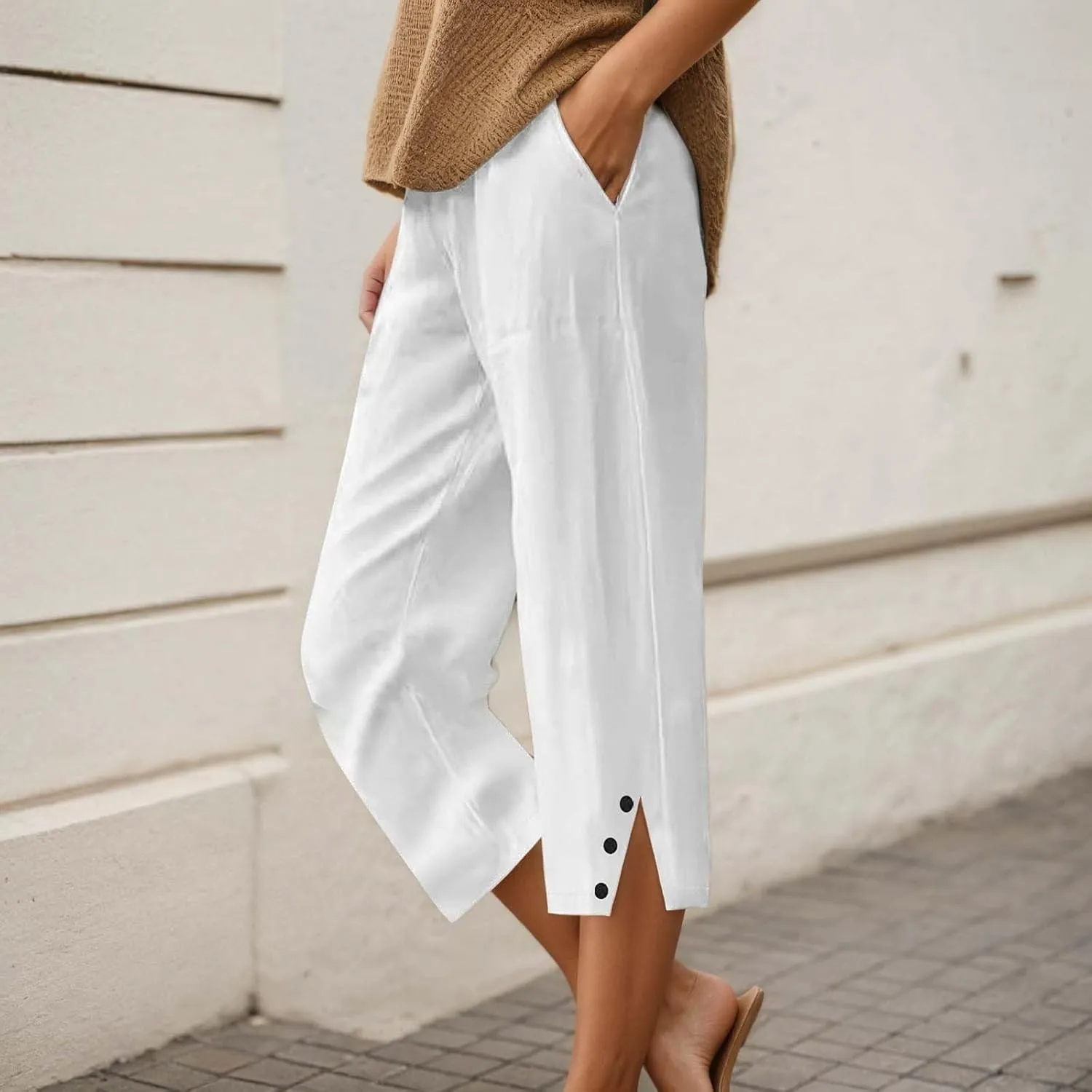 Womens Linen Pants Summer Lightweight Loose Casual Beach Pants Baggy Elastic Waisted Yoga Trousers with Pockets