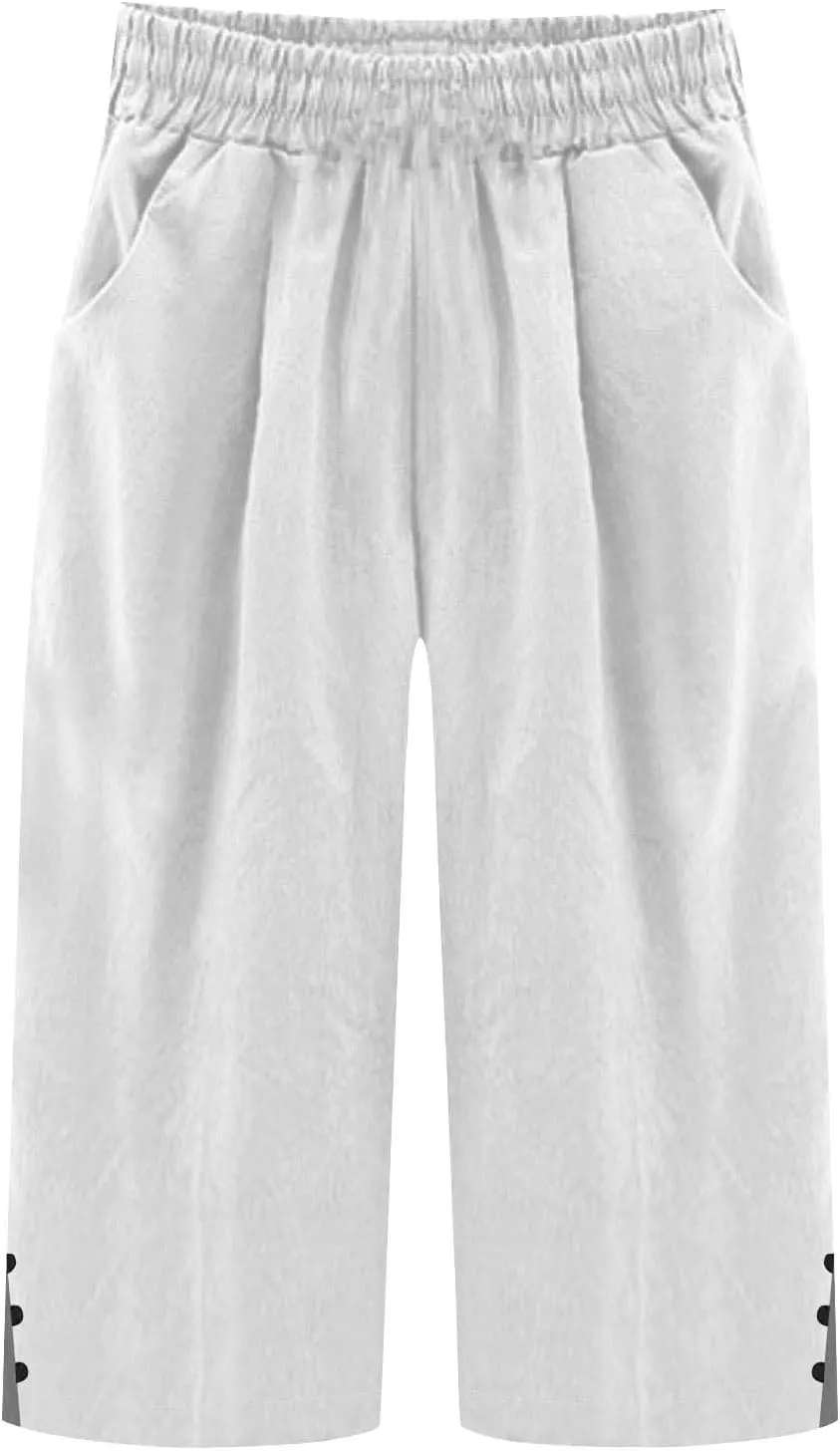 Womens Linen Pants Summer Lightweight Loose Casual Beach Pants Baggy Elastic Waisted Yoga Trousers with Pockets