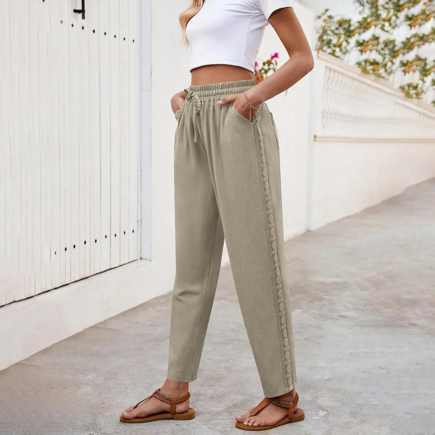 Women's Linen Summer Pants Casual Drawstring Straight Leg Beach Trousers with Pockets Vacation Clothes