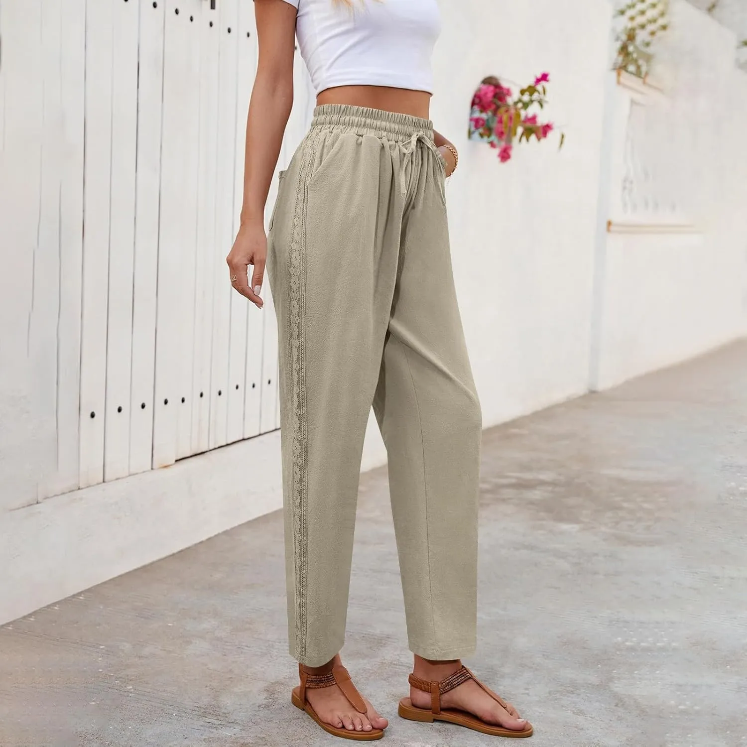 Women's Linen Summer Pants Casual Drawstring Straight Leg Beach Trousers with Pockets Vacation Clothes