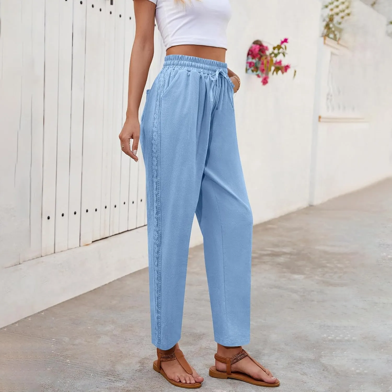 Women's Linen Summer Pants Casual Drawstring Straight Leg Beach Trousers with Pockets Vacation Clothes