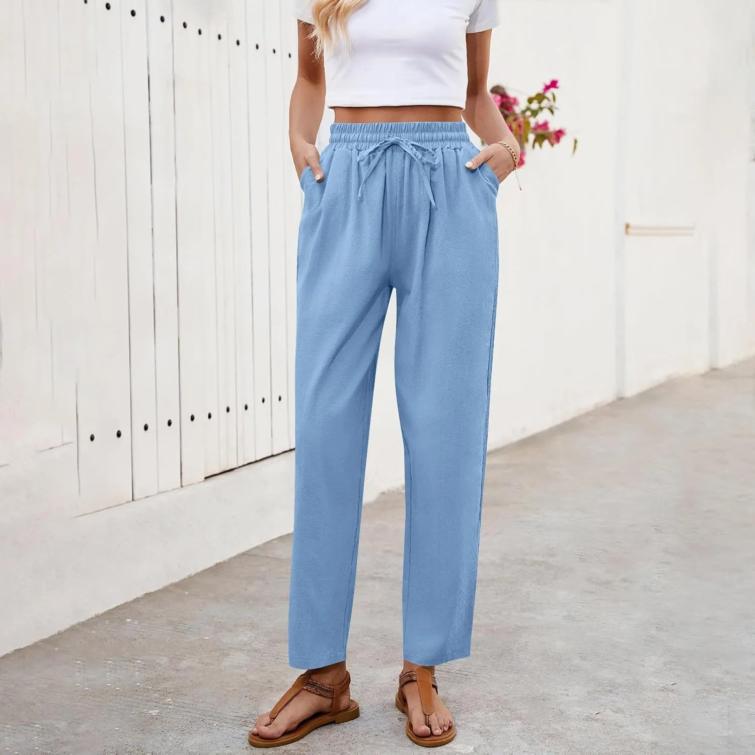Women's Linen Summer Pants Casual Drawstring Straight Leg Beach Trousers with Pockets Vacation Clothes
