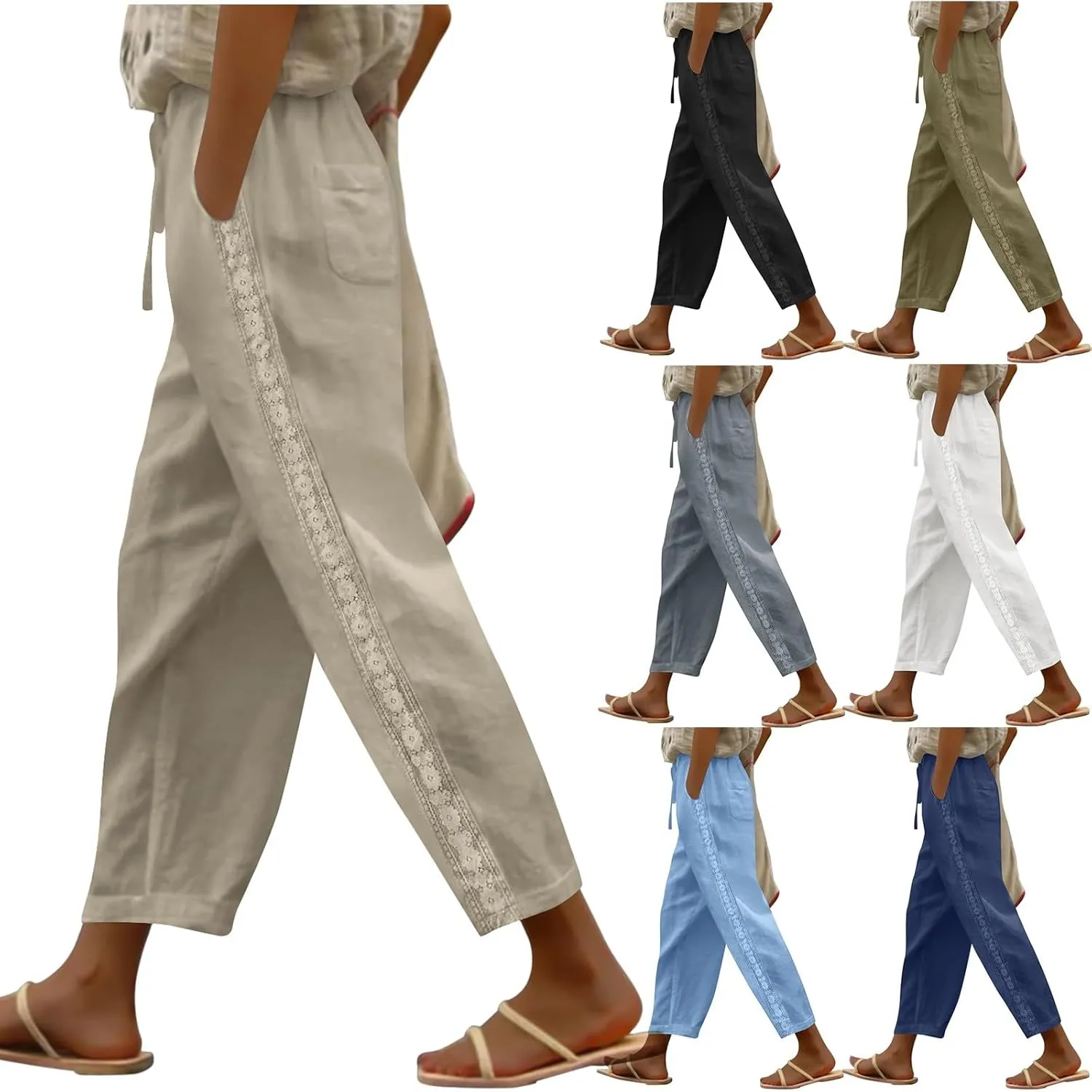 Women's Linen Summer Pants Casual Drawstring Straight Leg Beach Trousers with Pockets Vacation Clothes