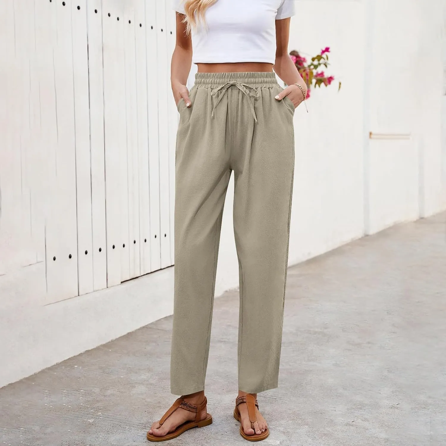 Women's Linen Summer Pants Casual Drawstring Straight Leg Beach Trousers with Pockets Vacation Clothes