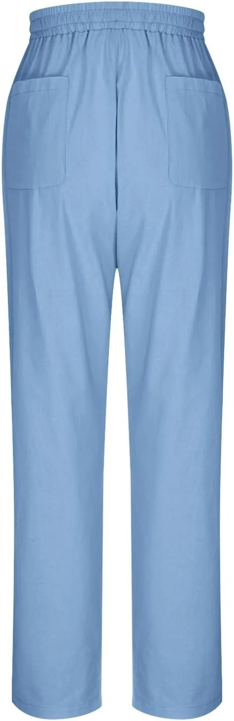 Women's Linen Summer Pants Casual Drawstring Straight Leg Beach Trousers with Pockets Vacation Clothes