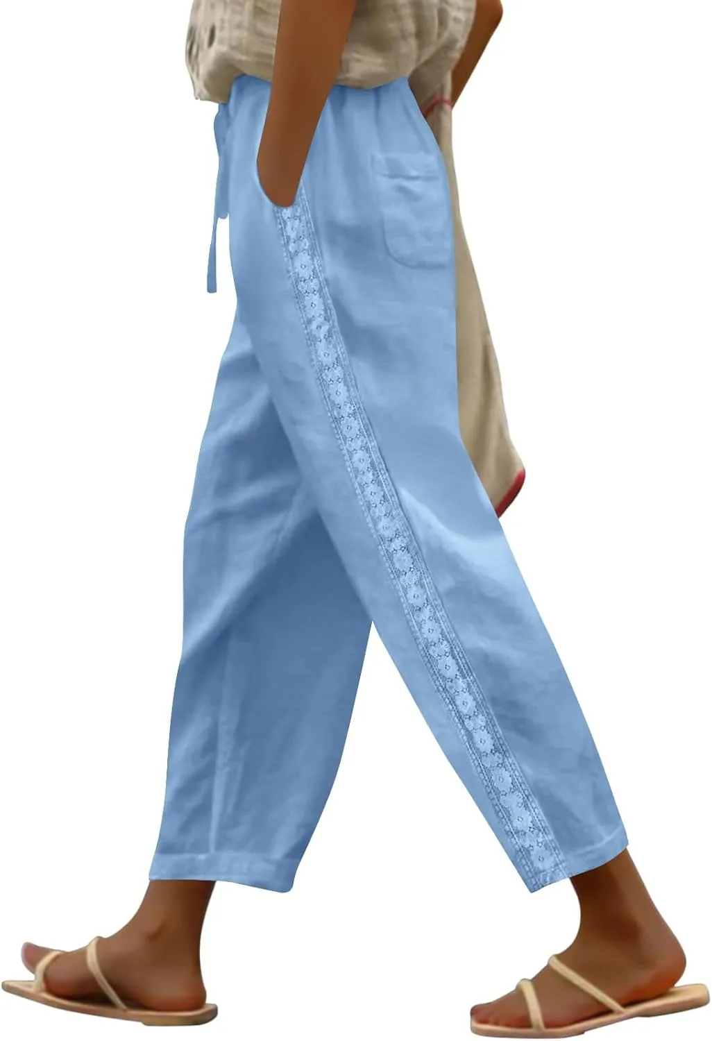 Women's Linen Summer Pants Casual Drawstring Straight Leg Beach Trousers with Pockets Vacation Clothes