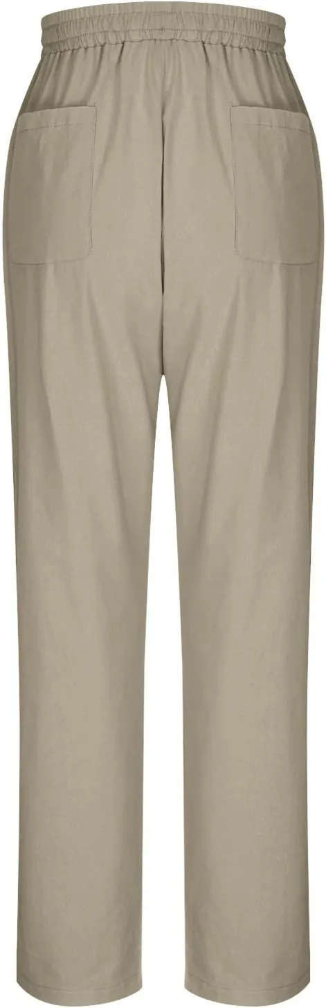 Women's Linen Summer Pants Casual Drawstring Straight Leg Beach Trousers with Pockets Vacation Clothes