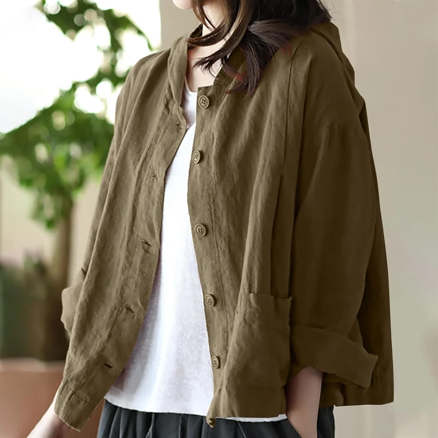 Women's Linen Sun Protection Hoodie Jacket Lightweight Long Sleeve Shirt Oversized Loose Breathable Hooded Cover Ups