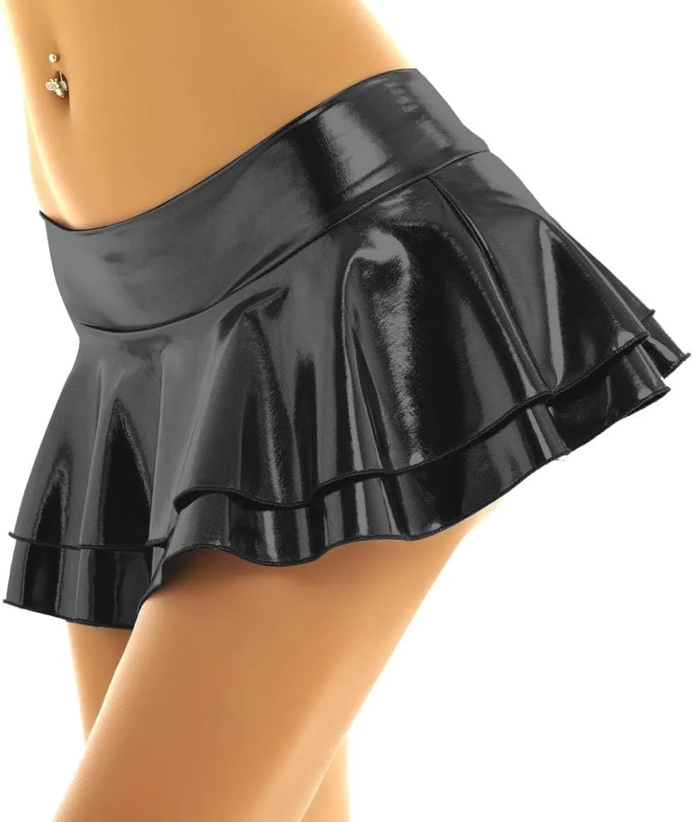 Women's Liquid Wet Look Shiny Active Skort Plated Mini Skirt Double Layer Bulit in Brief