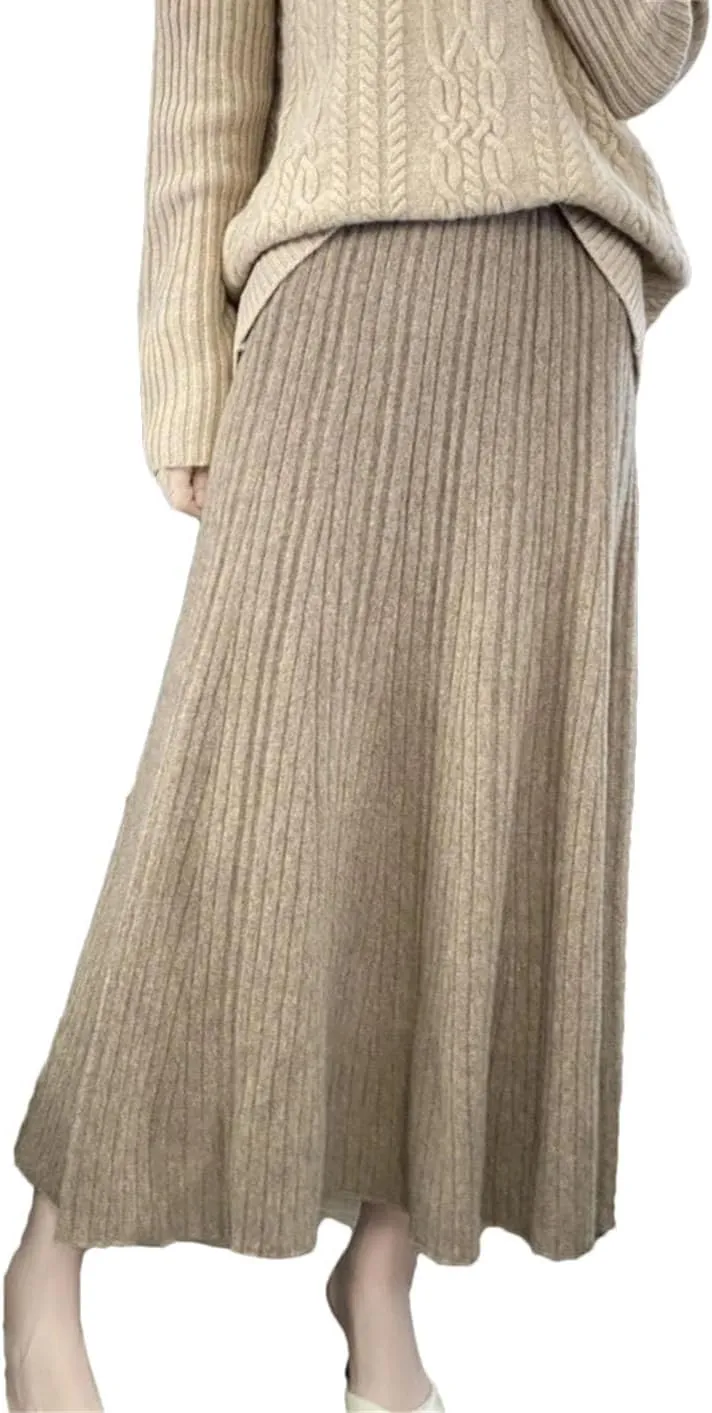 Womens Long Pleated Skirt Wool Knitwear Office Lady Midi Skirts Vintage A-Line Sweater Skirts
