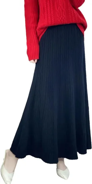 Womens Long Pleated Skirt Wool Knitwear Office Lady Midi Skirts Vintage A-Line Sweater Skirts