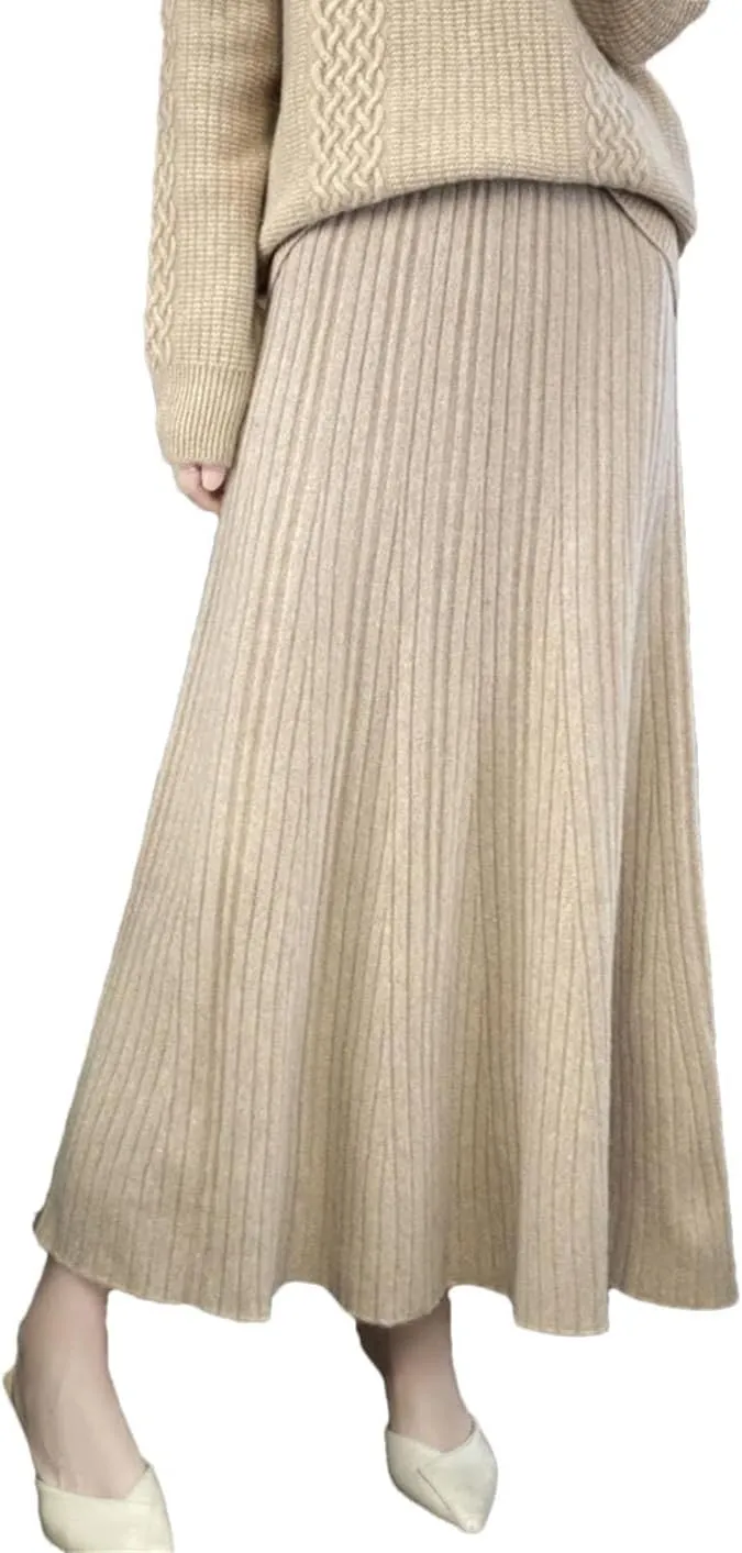 Womens Long Pleated Skirt Wool Knitwear Office Lady Midi Skirts Vintage A-Line Sweater Skirts