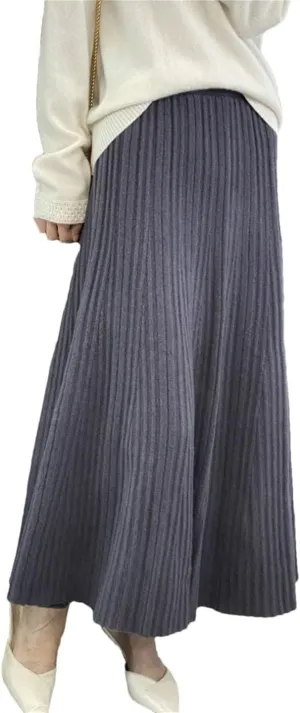 Womens Long Pleated Skirt Wool Knitwear Office Lady Midi Skirts Vintage A-Line Sweater Skirts