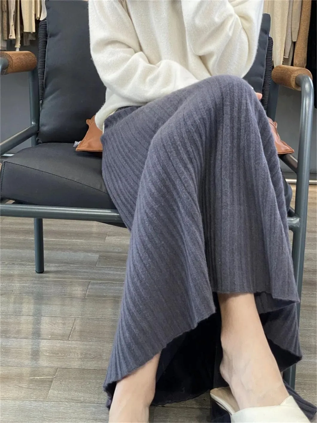 Womens Long Pleated Skirt Wool Knitwear Office Lady Midi Skirts Vintage A-Line Sweater Skirts