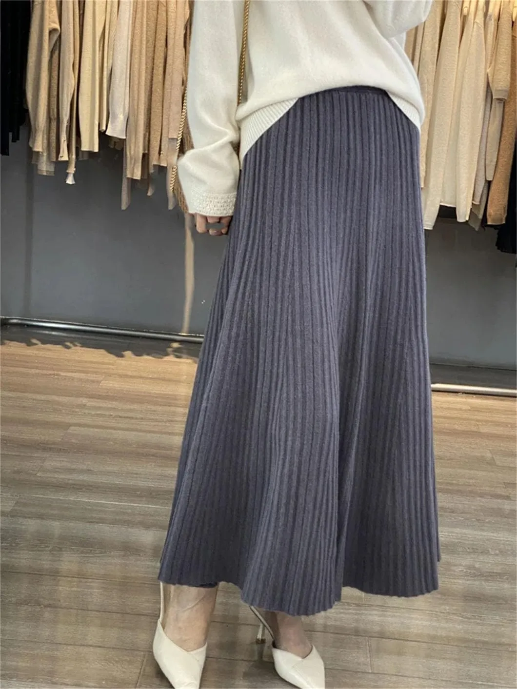 Womens Long Pleated Skirt Wool Knitwear Office Lady Midi Skirts Vintage A-Line Sweater Skirts