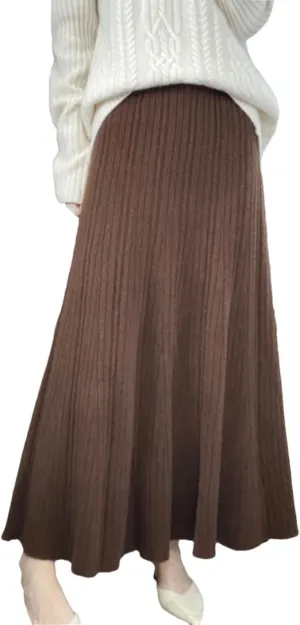 Womens Long Pleated Skirt Wool Knitwear Office Lady Midi Skirts Vintage A-Line Sweater Skirts