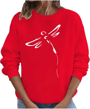 Women's Long Sleeve Pullover 2024 Fall Casual Comfy Loose Shirts Trendy Dragonfly Pattern Print Round Neck Sweatshirt