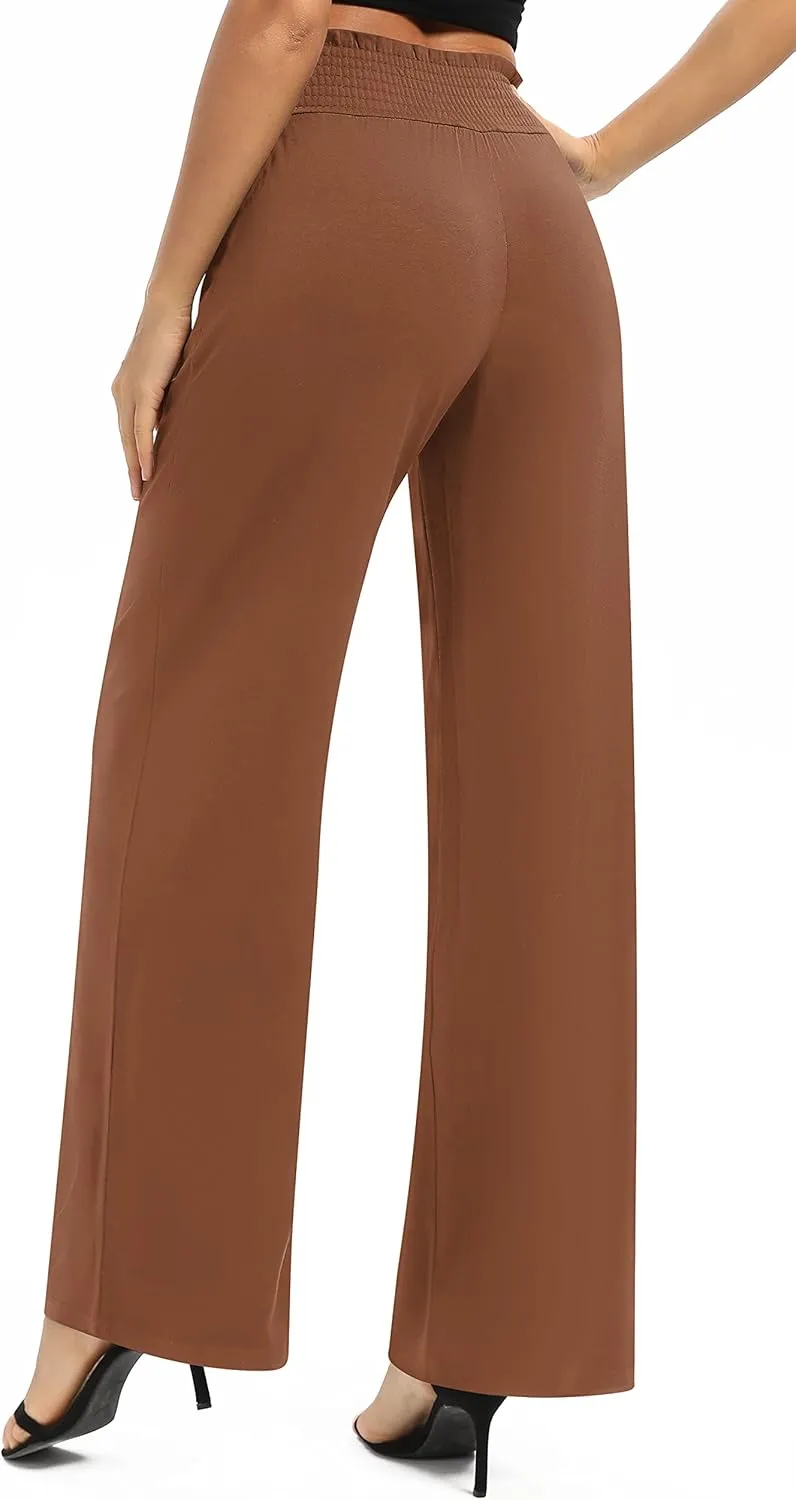 Women's Loose Straight Leg Palazzo Pants High Elastic Waist Causal Trousers with Pockets