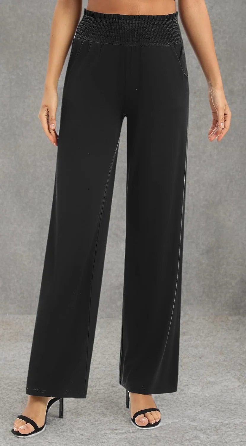 Women's Loose Straight Leg Palazzo Pants High Elastic Waist Causal Trousers with Pockets