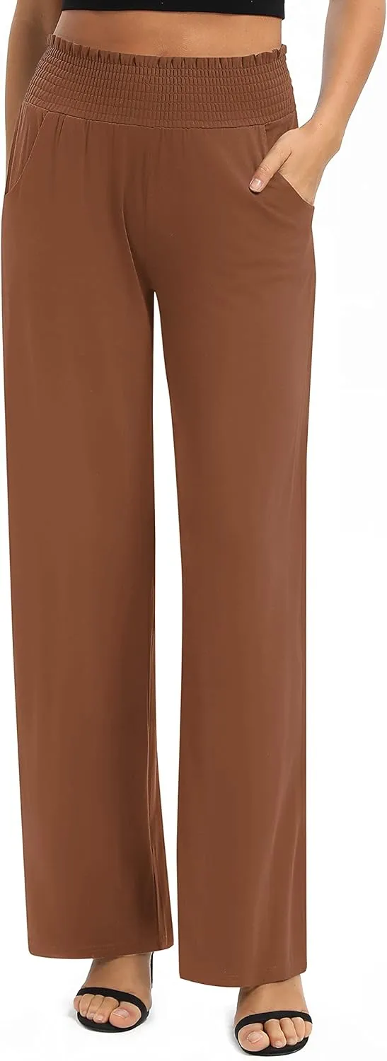 Women's Loose Straight Leg Palazzo Pants High Elastic Waist Causal Trousers with Pockets
