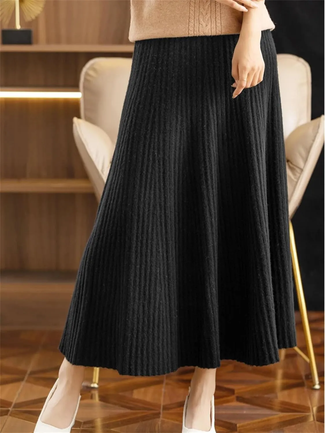 Women's Merino Wool Knitwear Skirt Winter Pleated Skirt Korean Style Skirt Midi Pull On Closure Skirt