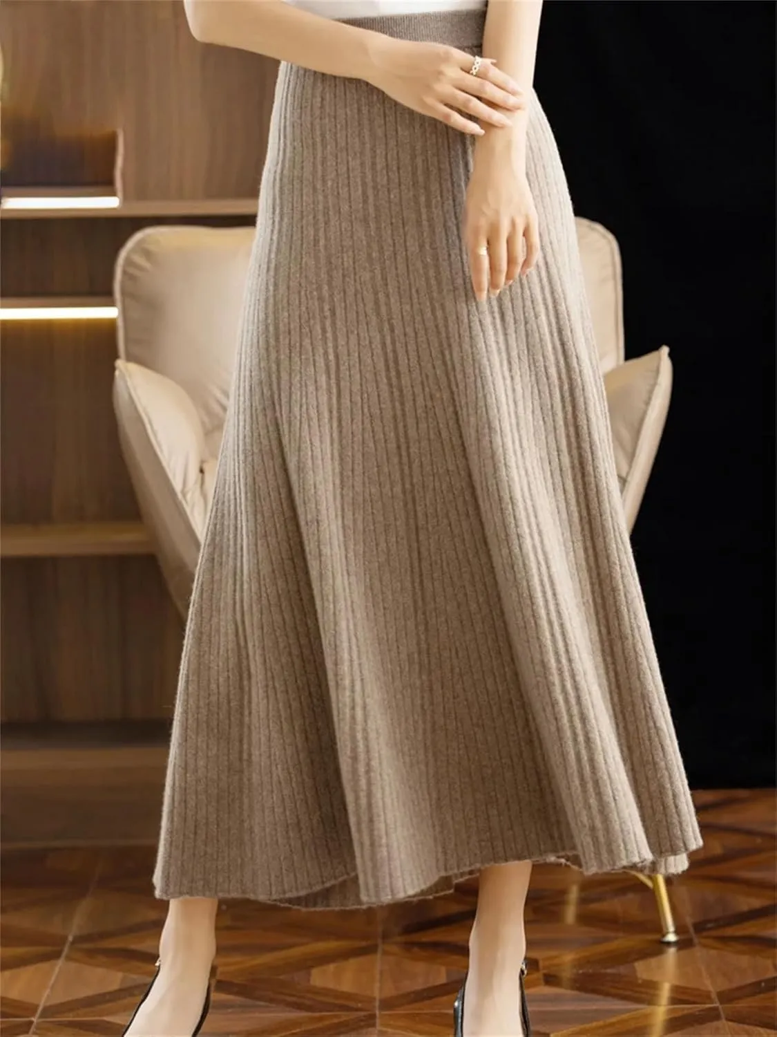 Women's Merino Wool Knitwear Skirt Winter Pleated Skirt Korean Style Skirt Midi Pull On Closure Skirt