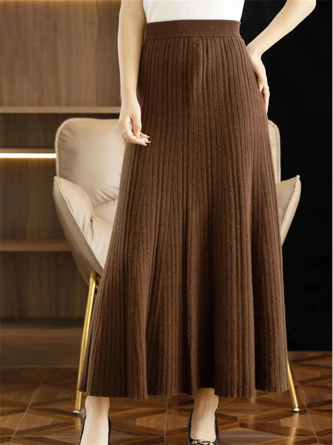 Women's Merino Wool Knitwear Skirt Winter Pleated Skirt Korean Style Skirt Midi Pull On Closure Skirt
