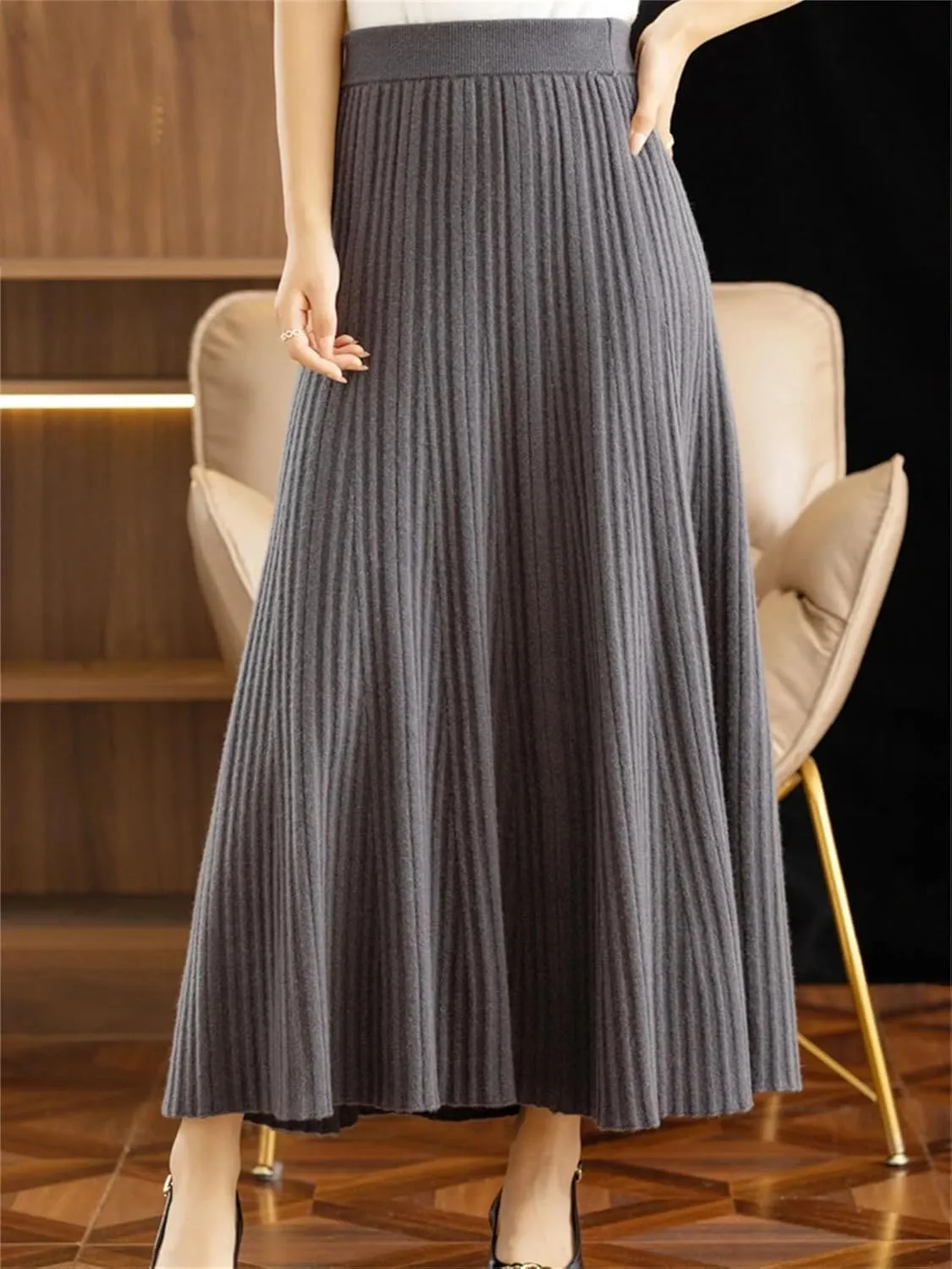 Women's Merino Wool Knitwear Skirt Winter Pleated Skirt Korean Style Skirt Midi Pull On Closure Skirt