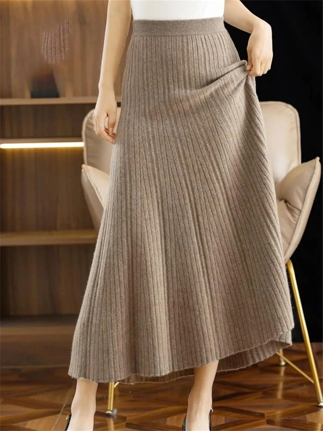 Women's Merino Wool Knitwear Skirt Winter Pleated Skirt Korean Style Skirt Midi Pull On Closure Skirt