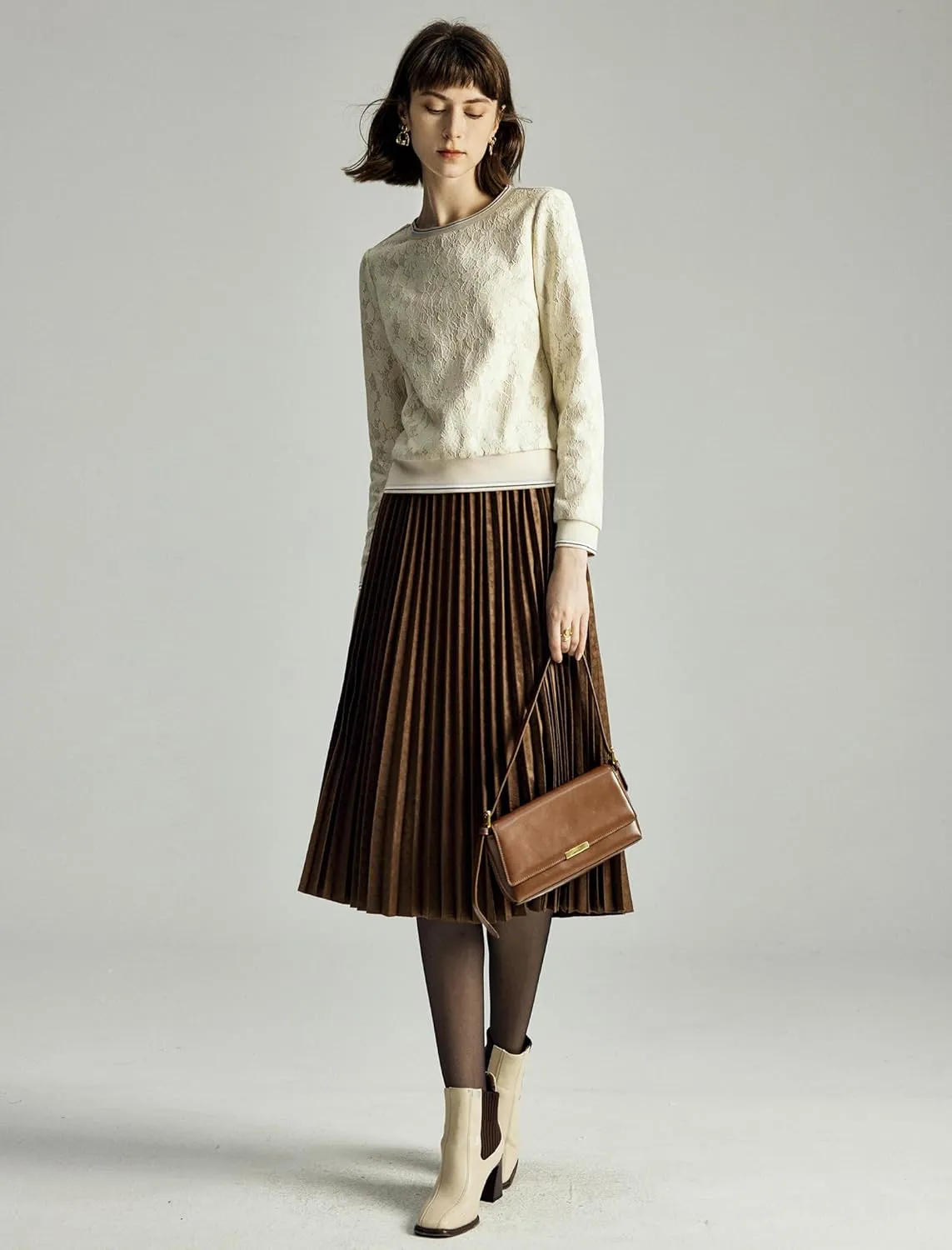 Women's Midi Waisted Pleated Long Skirts for Women Skirt Below Knee Vintage