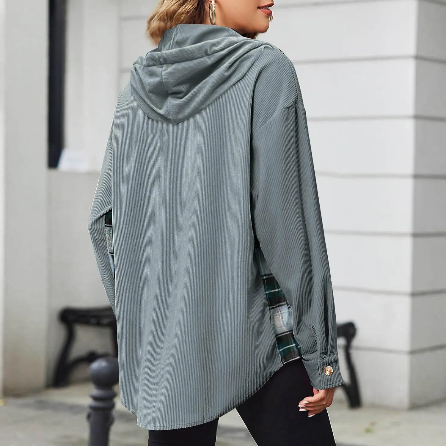 Womens Oversized Corduroy Shacket Plaid Jackets Flannel Hoodie Button Down Long Sleeve Shirts Tops Cute Fall Outfits