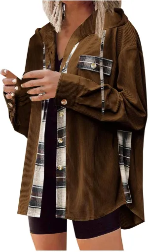 Womens Oversized Corduroy Shacket Plaid Jackets Flannel Hoodie Button Down Long Sleeve Shirts Tops Cute Fall Outfits