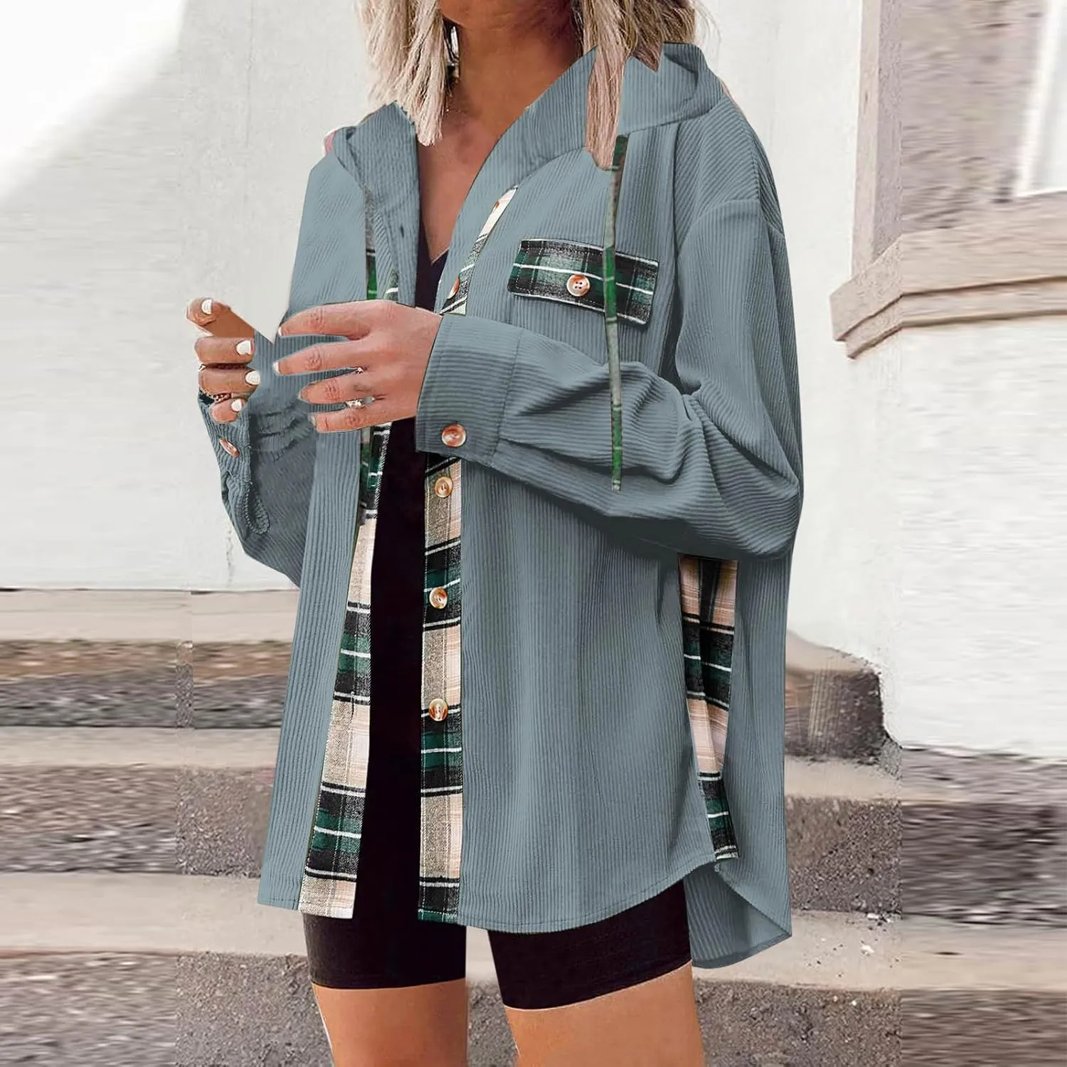 Womens Oversized Corduroy Shacket Plaid Jackets Flannel Hoodie Button Down Long Sleeve Shirts Tops Cute Fall Outfits