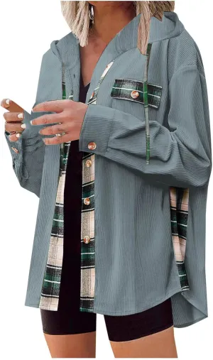 Womens Oversized Corduroy Shacket Plaid Jackets Flannel Hoodie Button Down Long Sleeve Shirts Tops Cute Fall Outfits