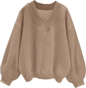 Womens Oversized Drop Shoulder Pullover Tops Trendy V Neck Solid Soft Sweatshirts Fall Long Sleeve Teen Girl Clothes